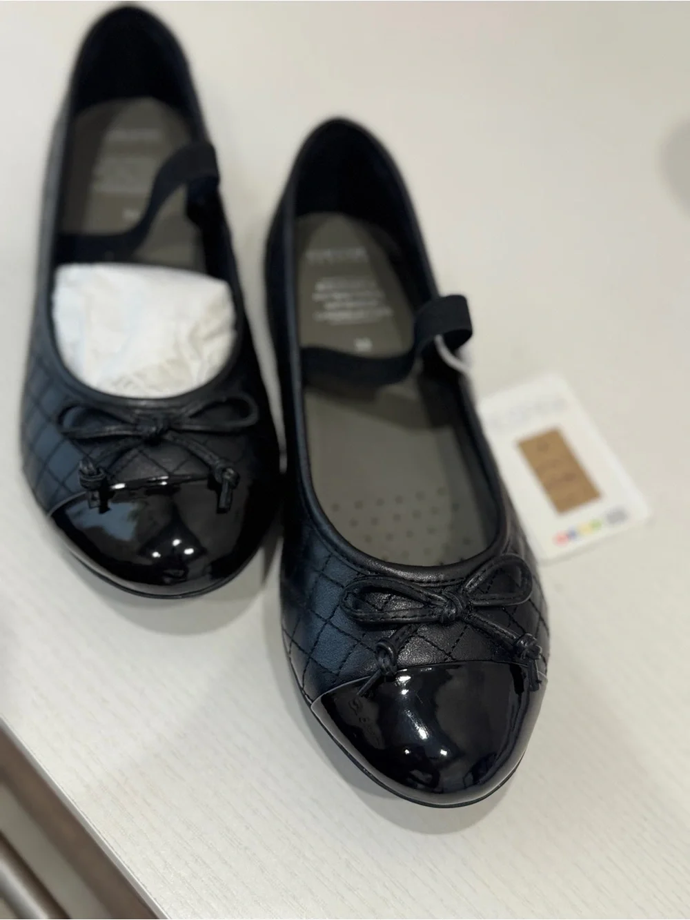 Geox Black Quilted Mary Jane Ballet Flats with Patent Toe